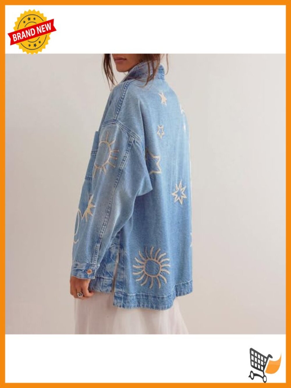 Vintage Oversized Embroidered Denim Jacket Casual Loose Fit Button Down - Picture 4 of 4